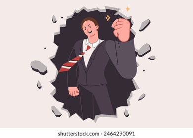 Business man breaks down barrier to success by hitting stone wall to break deadlock. Ambitious guy breaking barrier that prevents achievement of goal and implementation of plan approved by manager
