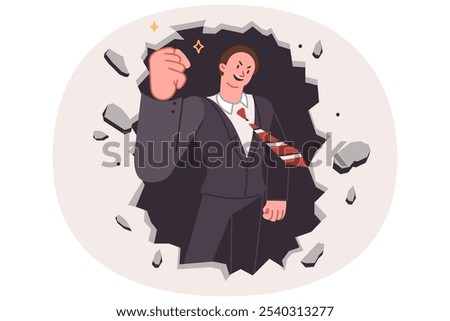 Business man breaks down barrier to success by hitting stone wall to break deadlock. Ambitious guy breaking barrier that prevents achievement of goal and implementation of plan approved by manager
