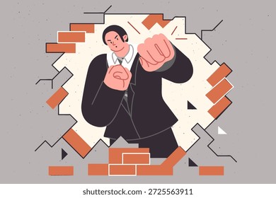 Business man breaks down barriers to achieving goal by hitting brick wall to get through. Ambitious guy demonstrates determination and ambition in solving problems on way to achieving goals