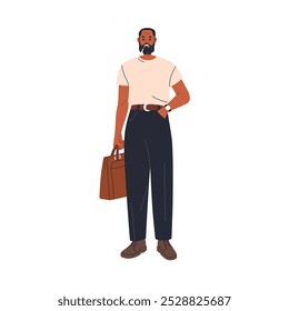 Business man with briefcase. African-American professional, modern office worker wearing stylish outfit, t-shirt. Entrepreneur, manager standing. Flat vector illustration isolated on white background
