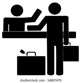 business man with briefcase and luggage getting help and counter