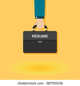 Business man briefcase with resume on yellow background vector.