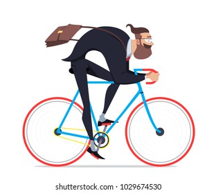 Business man with briefcase riding a bicycle to work. Flat style vector charakter.