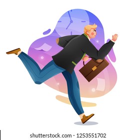 Business man with briefcase running fast. Late business person rushing in a hurry to get on time. Vector character illustration