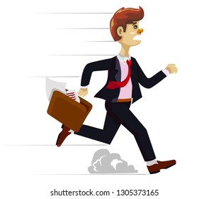 Business man with briefcase running fast. Flat style vector character illustration isolated on white
