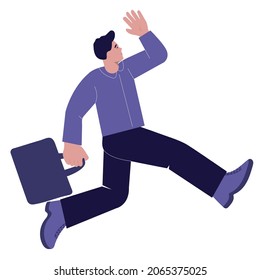 Business man with briefcase running fast. Vector flat illustration.