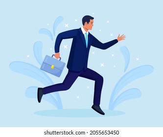Business man with briefcase running forward fast. Late business person rushing in a hurry to get on time. Short on time before deadline. Vector illustration