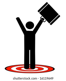 business man with briefcase standing on target with arms up