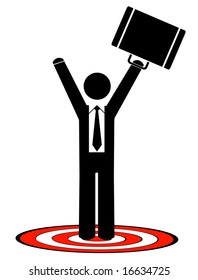 business man with briefcase standing on target with arms up