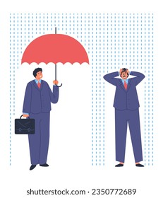 Business man with briefcase stands under umbrella. Man clutching head terrified of problems under rain. Successful and wrong ways, business protection strategy in crisis storm vector flat illustration