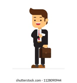 Business man with a briefcase taking out business card from his jacket pocket