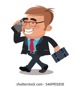 Business man with briefcase talking on phone. Character vector design