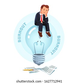 Business man brownout frustration, loss of sense of purpose at work. No ideas concept. Sad depressed creative executive manager inventor on broke idea light bulb. Flat vector character illustration