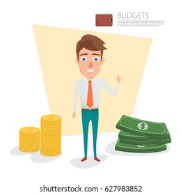 Business man with budget planing. illustration vector of cartoon design.