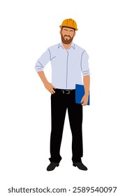 Business man, builder, engineer standing in white shirt and black pants and holding blue folder. He is wearing a hard hat. Concept of professionalism. Flat vector illustration isolated.