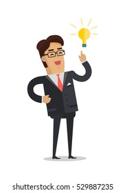 Business man with a bulb isolated on white. Businessman with ideas. Happy funny cartoon character. Male in expensive suit with lightbulb over his head. Vector illustration in flat design style