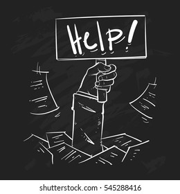 Business man buried in a pile of sheets. help sign. too much work. hand drawn vector illustration on black background.