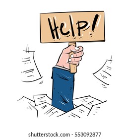 Business man buried in a pile of sheets. help sign. too much work. hand drawn vector illustration on white background.