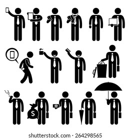 Business Man Businessman Holding Various Objects Stick Figure Pictogram Icons