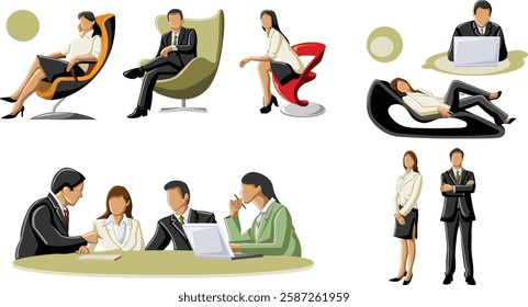 business man and businesswoman business people in different poses and sitting on chairs Adobe Illustrator Artwork vector illustration