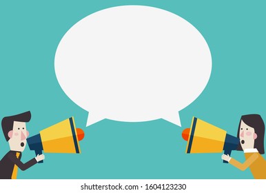 Business man and businesswoman shouting in a megaphone. Man announcing through loudspeaker advertising. Announcing promotion and banners concept