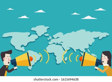 Business man and businesswoman shouting in a megaphone. Man announcing through loudspeaker advertising. Announcing promotion and banners concept 