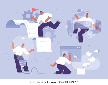 A business man is busy analyzing a large amount of data. flat vector illustration.