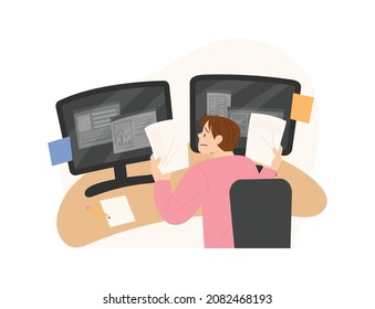 A business man is busy working while looking at his computer. flat design style vector illustration.