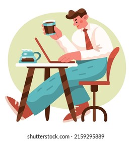 Business man in a cafe with a laptop. Drinking coffee, sitting at the table, having a good time. Full character figure. Flat hand drawn cartoon vector illustration