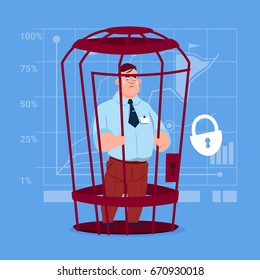 Business Man In Cage Prisoner Financial Problem Concept Flat Vector Illustration