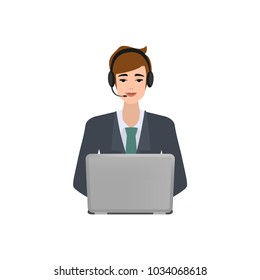Business man in call center. Customer service character. Illustration vector flat design.