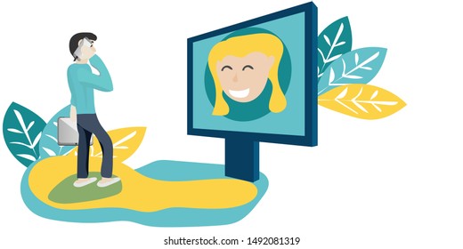 A business man calling on a computer screen Can be used as a banner, logo, icon, template,vector illustration.