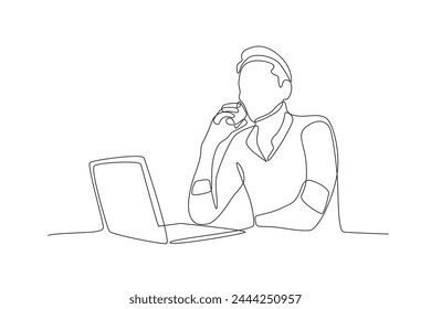 business man calling while checking work on laptop.Business call one-line drawing