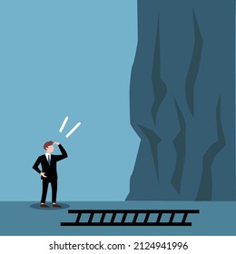 Business man can not climb the cliff with the short ladder.