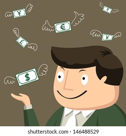 Business man can see money flying in the air around him. Leadership vision concept. Vector illustration.