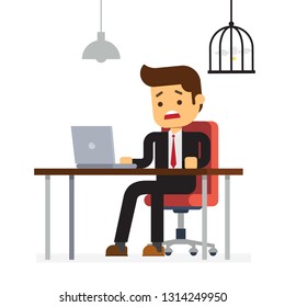 business man cannot solve problem because idea bulb locked in a cage