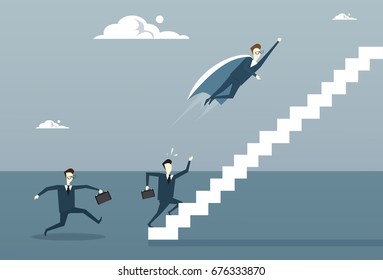 Business Man In Cape Fly Leading Businesspeople Group Upstairs Financial Progress Success Concept Flat Vector Illustration