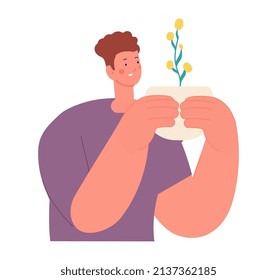 Business man care about tree with tiny gold coins. Investment, money blossom metaphor. Start up, banking income growth and dividends, vector concept