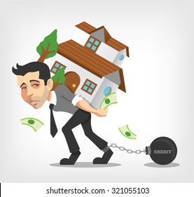 Business man carry house. Vector flat illustration