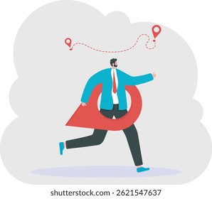 Business man carry a large map pointer, two tags show new route on the map. New office location. Relocation. Vector, illustration, flat

