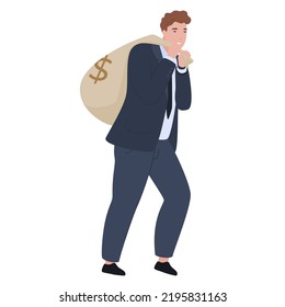 Business man carrying bag with cash money dollar profit lottery win salary vector flat illustration. Rich male heavy currency sack financial manager in suit million bonus moneybag treasure earnings