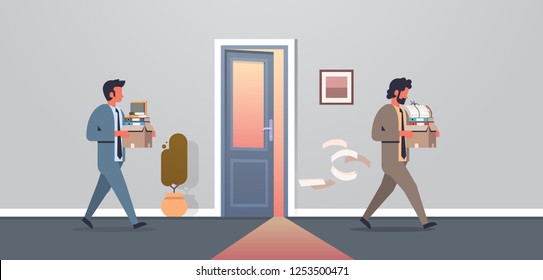 business man carrying box with things new workplace office door dismissed frustrated businessman go away dismissal and new job concept horizontal