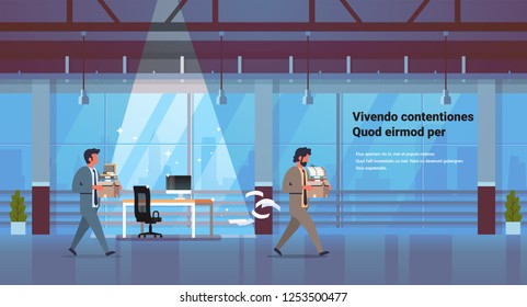 business man carrying box with things new workplace dismissed frustrated businessman go away dismissal and new job concept office interior horizontal copy space