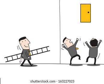 Business man carrying ladder to help his team to reach the high door. Business concept in leadership who can find easy way or strategy to reach to the goal or success. 