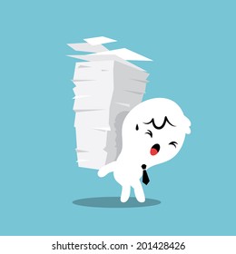 Business man carrying a stack of paper with work load concept