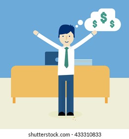 Business man cartoon celebrating money