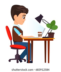 Business man cartoon character. Businessman sitting with laptop at his desk. Vector illustration. 