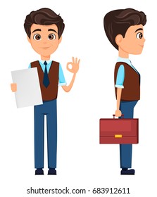 Business man cartoon character. Businessman showing ok sign and holding briefcase. Front and side view. Vector illustration. 