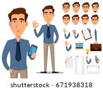 Business man cartoon character creation set. Young handsome smiling businessman in office style clothes. Build your personal design - stock vector