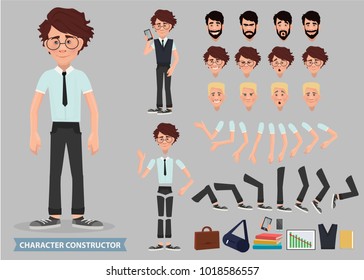 Business man cartoon character creation set. Young handsome smiling businessman in office style clothes. Build your personal design - stock vector